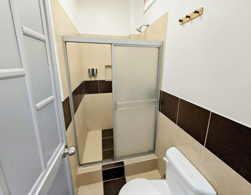 Shower, towels, soap, shampoo