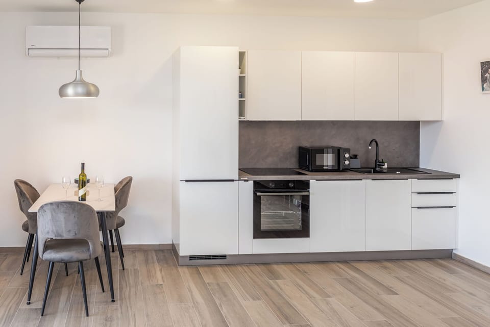 Apartment (A1) | Private kitchen | Fridge, microwave, oven, stovetop