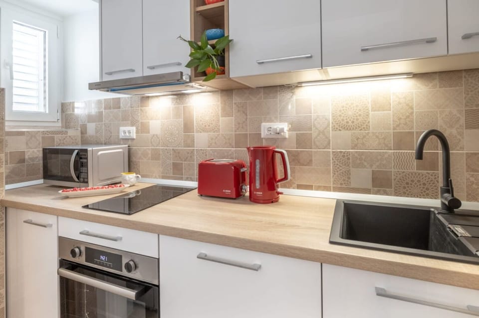 Apartment (A1) | Private kitchen | Fridge, microwave, oven, stovetop