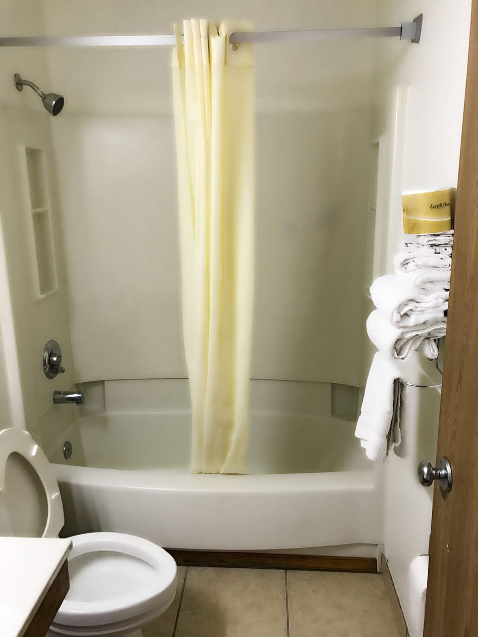 Combined shower/tub, free toiletries, hair dryer, towels
