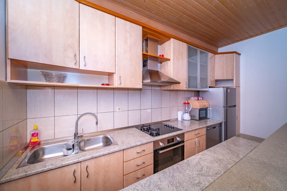 Apartment (A1) | Private kitchen | Fridge, microwave, oven, stovetop