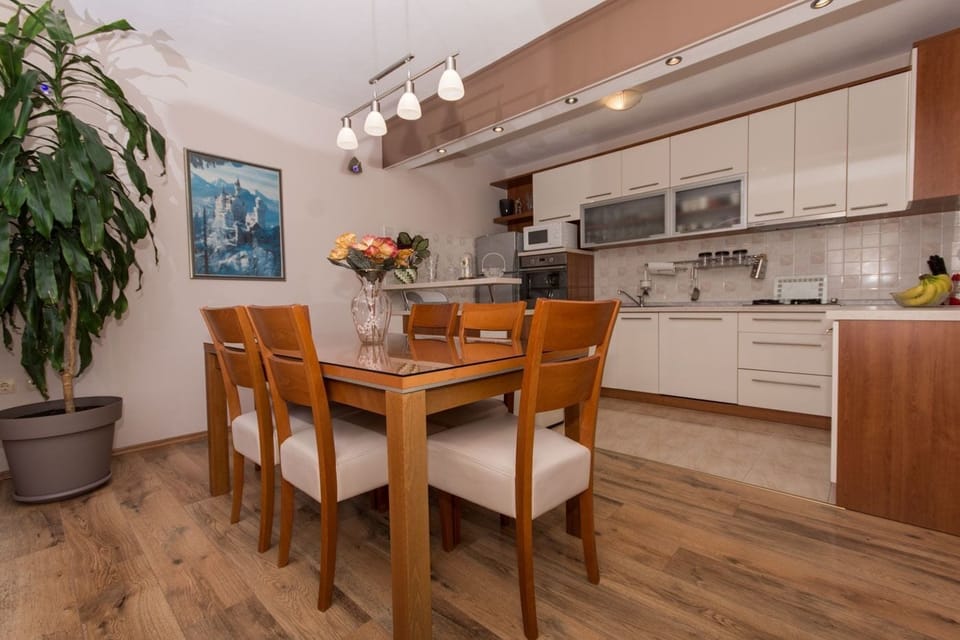 Apartment (A1) | Private kitchen | Fridge, microwave, oven, stovetop