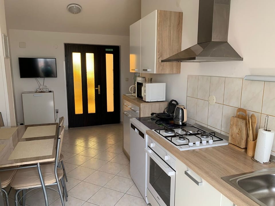 Apartment (A1) | Private kitchen | Fridge, microwave, oven, stovetop