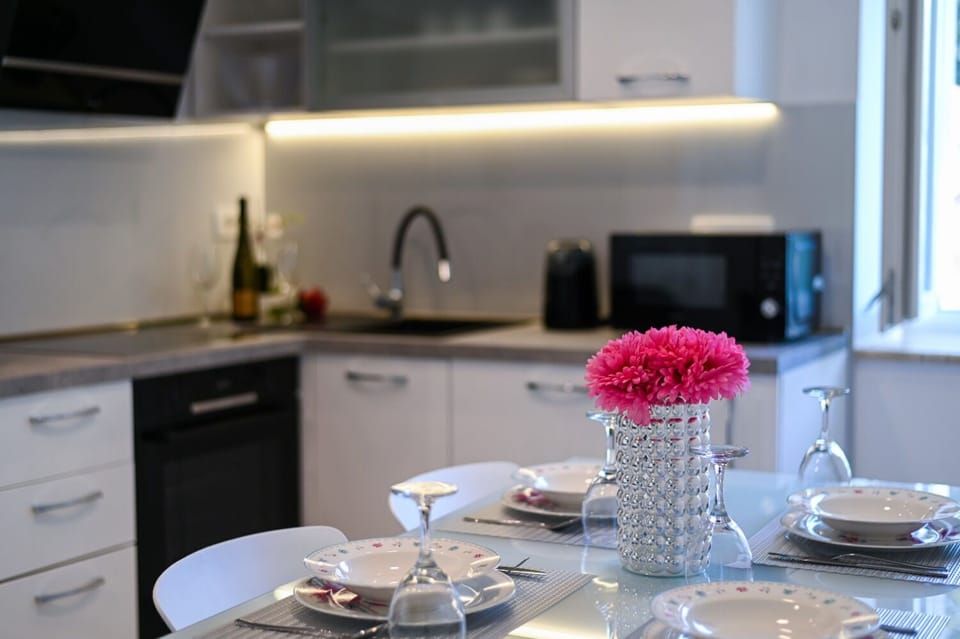 Apartment (A1) | Private kitchen | Fridge, microwave, oven, stovetop
