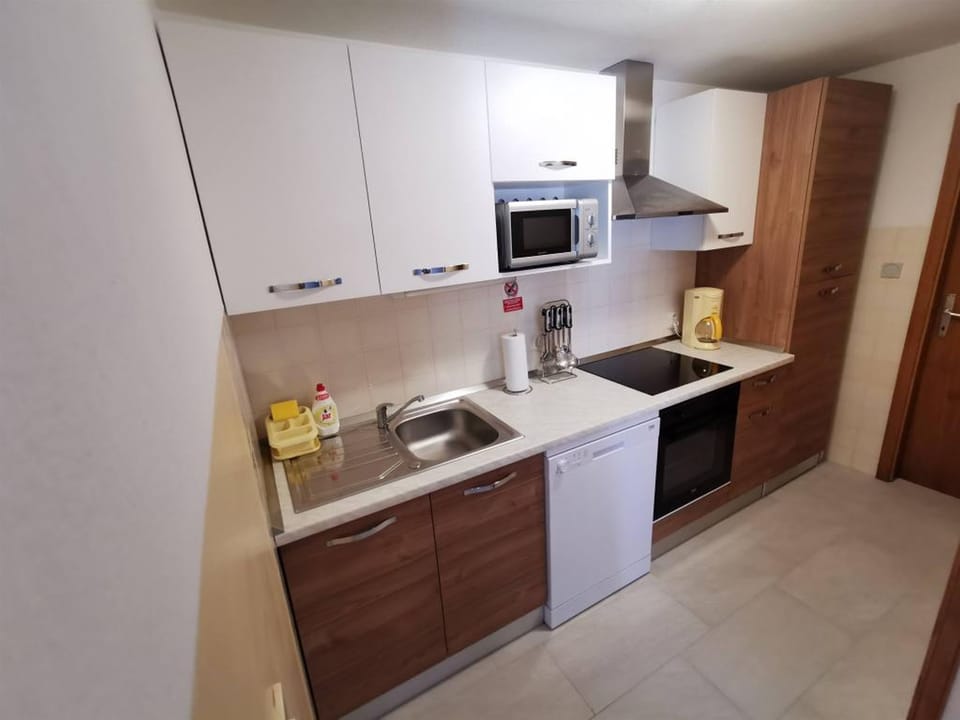 Apartment (A1) | Private kitchen | Fridge, microwave, oven, stovetop