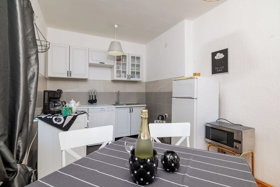 Apartment (A1) | Private kitchen | Fridge, microwave, oven, stovetop