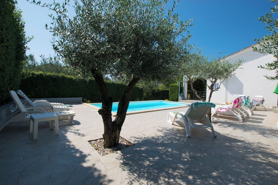Outdoor pool, pool umbrellas, sun loungers