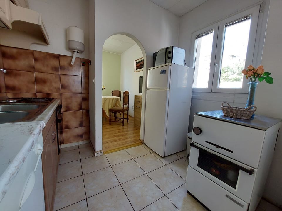 Apartment (A1) | Private kitchen | Fridge, microwave, oven, stovetop
