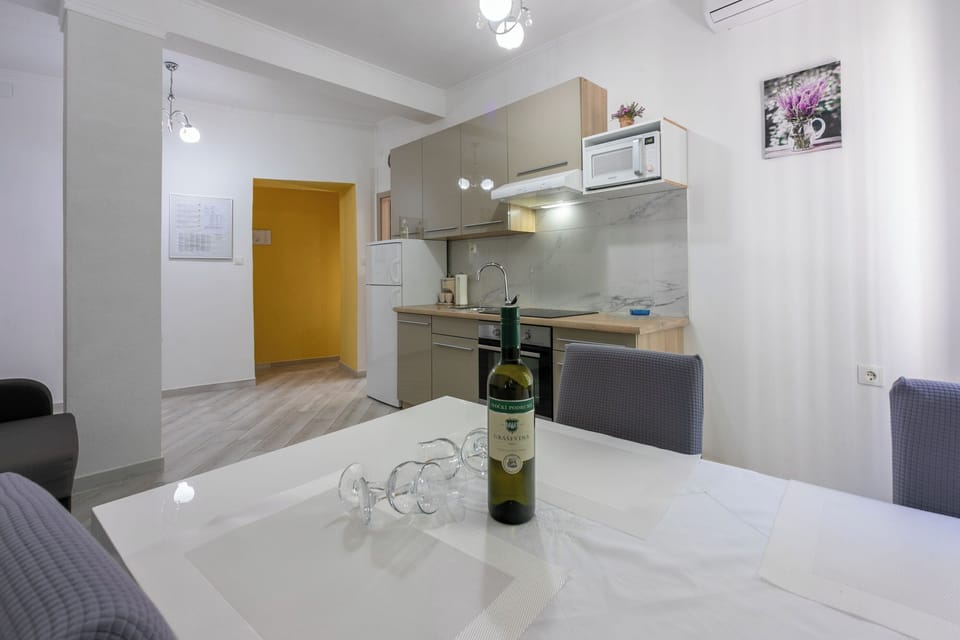 Apartment (A1) | Private kitchen | Fridge, microwave, oven, stovetop