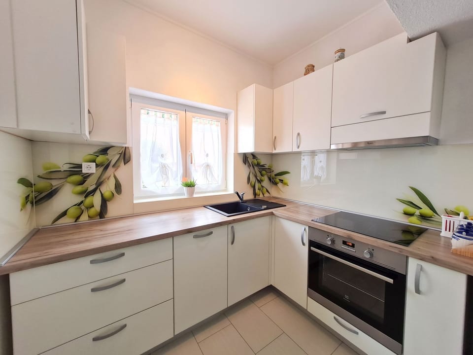 Apartment (A1) | Private kitchen | Fridge, microwave, oven, stovetop
