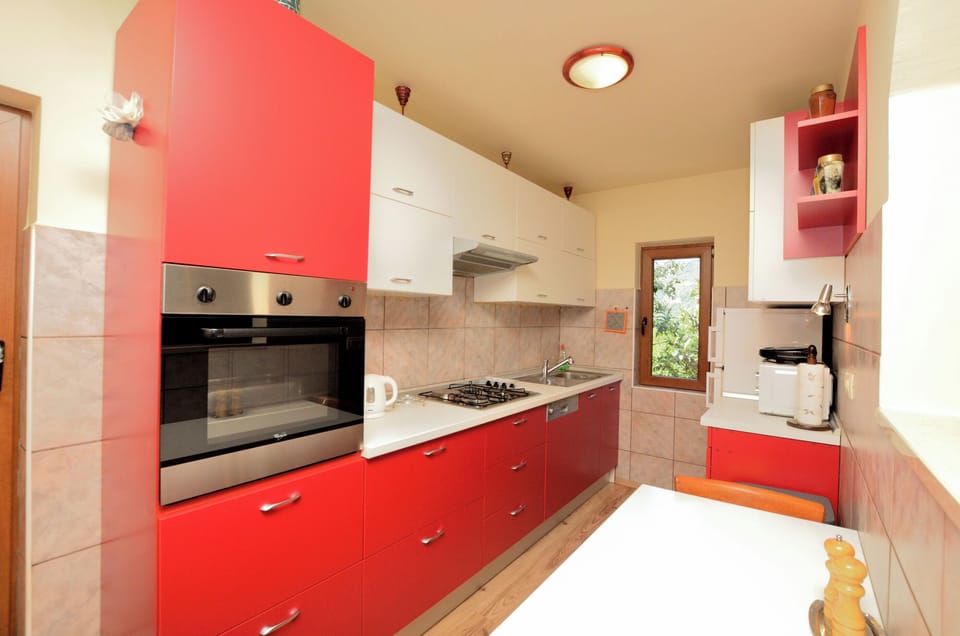 Apartment (A1) | Private kitchen | Fridge, microwave, oven, stovetop