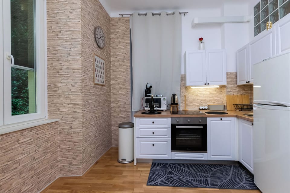 Apartment (A1) | Private kitchen | Fridge, microwave, oven, stovetop