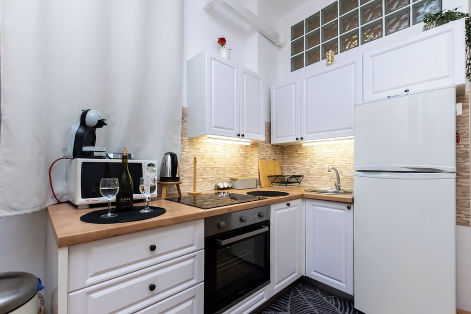 Apartment (A1) | Private kitchen | Fridge, microwave, oven, stovetop