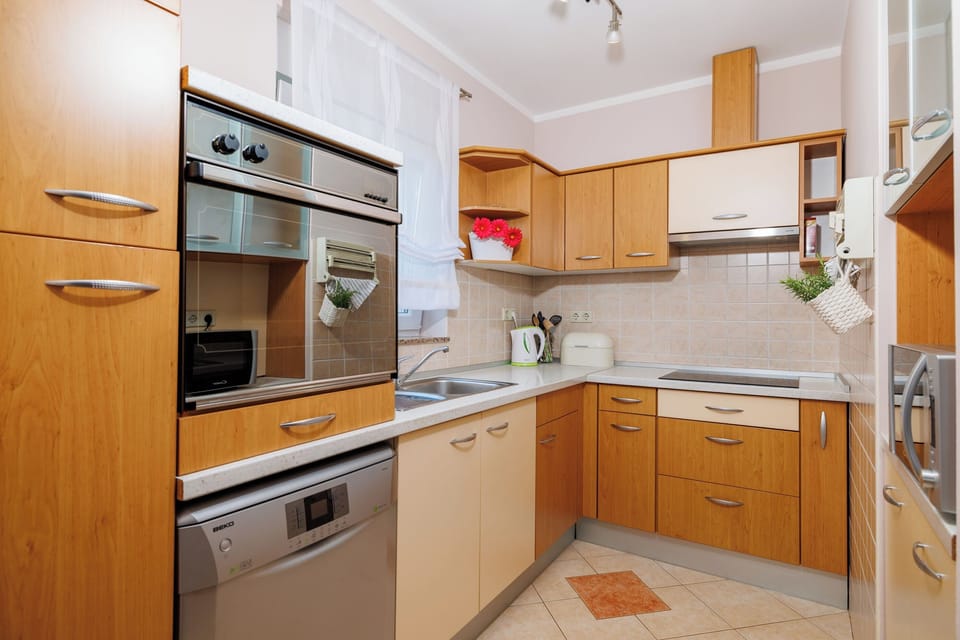 Apartment (A1) | Private kitchen | Fridge, microwave, oven, stovetop