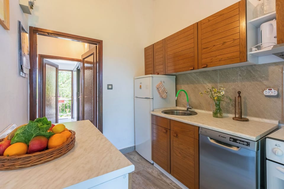 Apartment (A1) | Private kitchen | Fridge, microwave, oven, stovetop