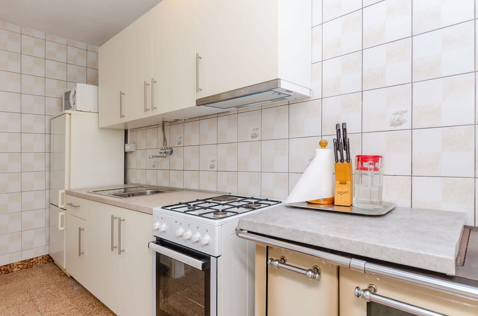 Apartment (A1) | Private kitchen | Fridge, microwave, oven, stovetop