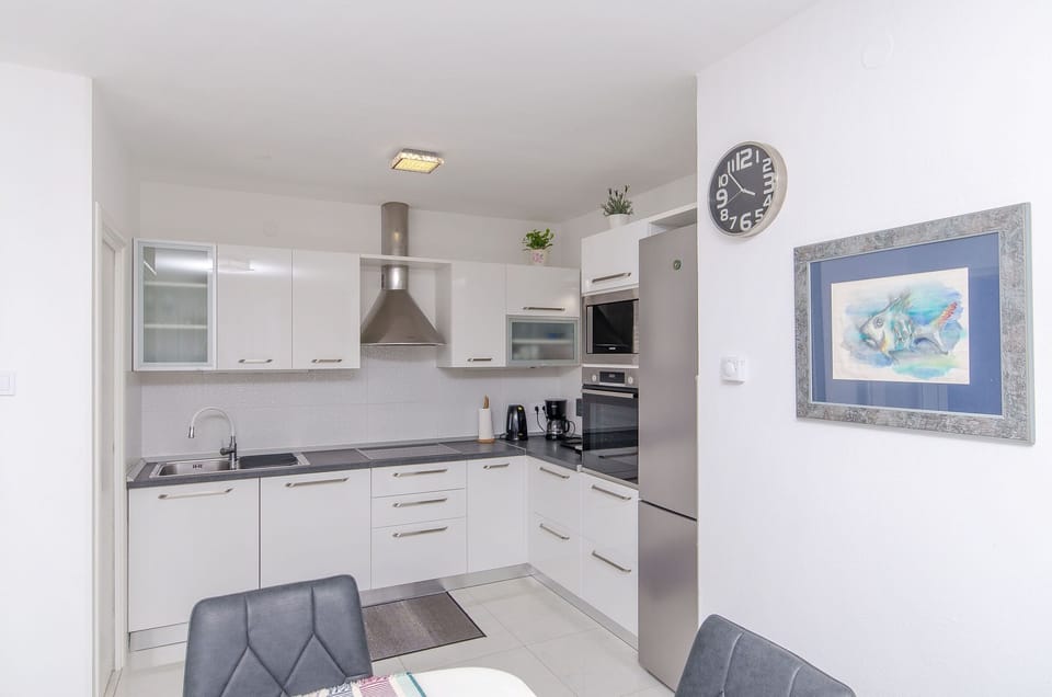 Apartment (A1) | Private kitchen | Fridge, microwave, oven, stovetop