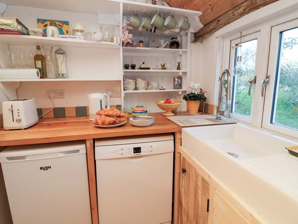 Fridge, microwave, dishwasher, cookware/dishes/utensils