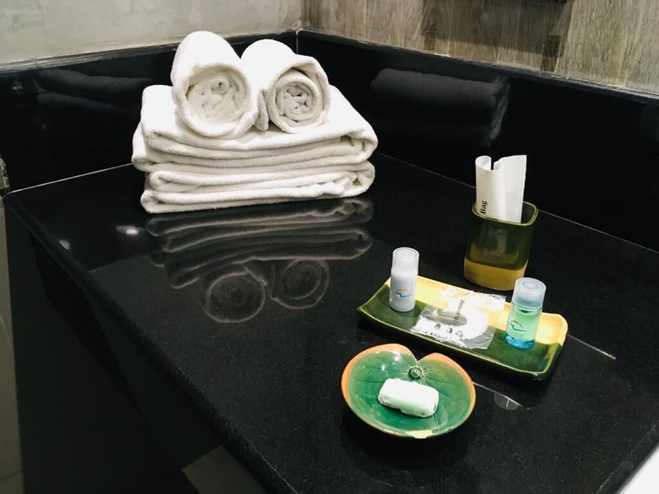 Shower, free toiletries, bidet, towels