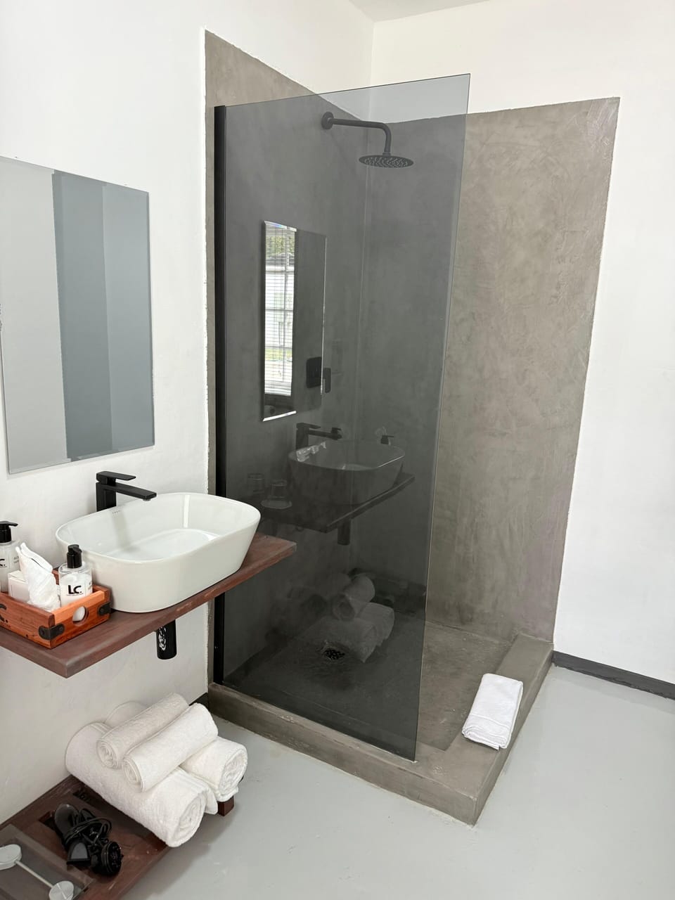 Hair dryer, towels, soap, toilet paper