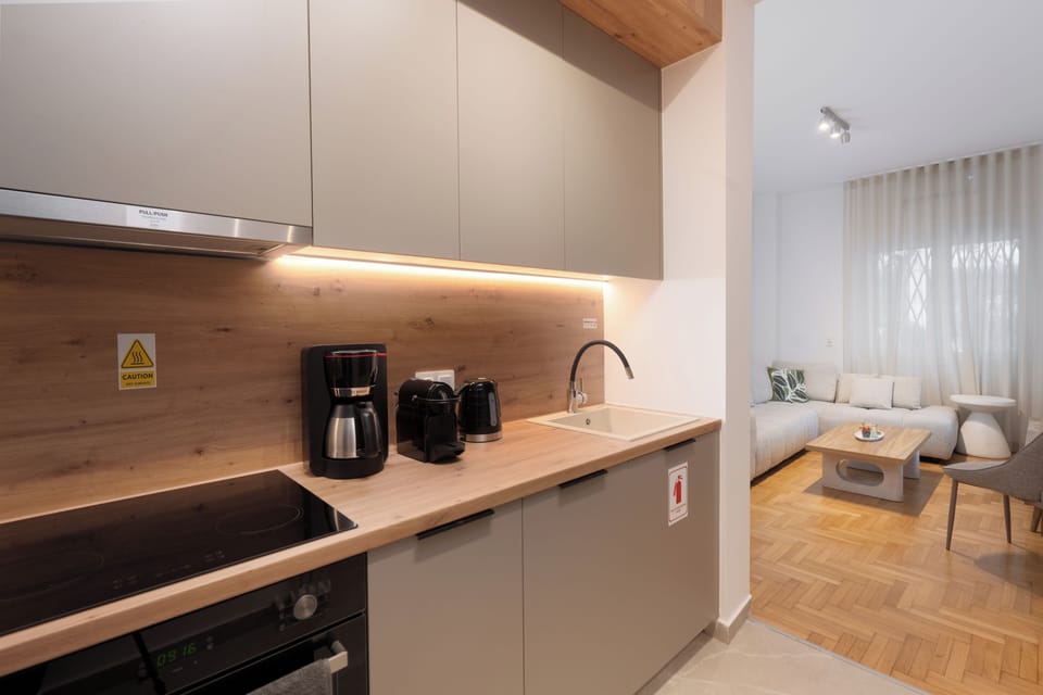 Deluxe Apartment, Kitchen | Private kitchen | Fridge, microwave, oven, stovetop