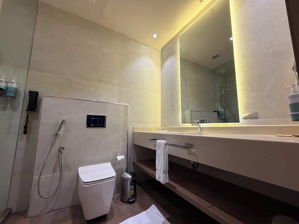 Shower, free toiletries, bidet, towels