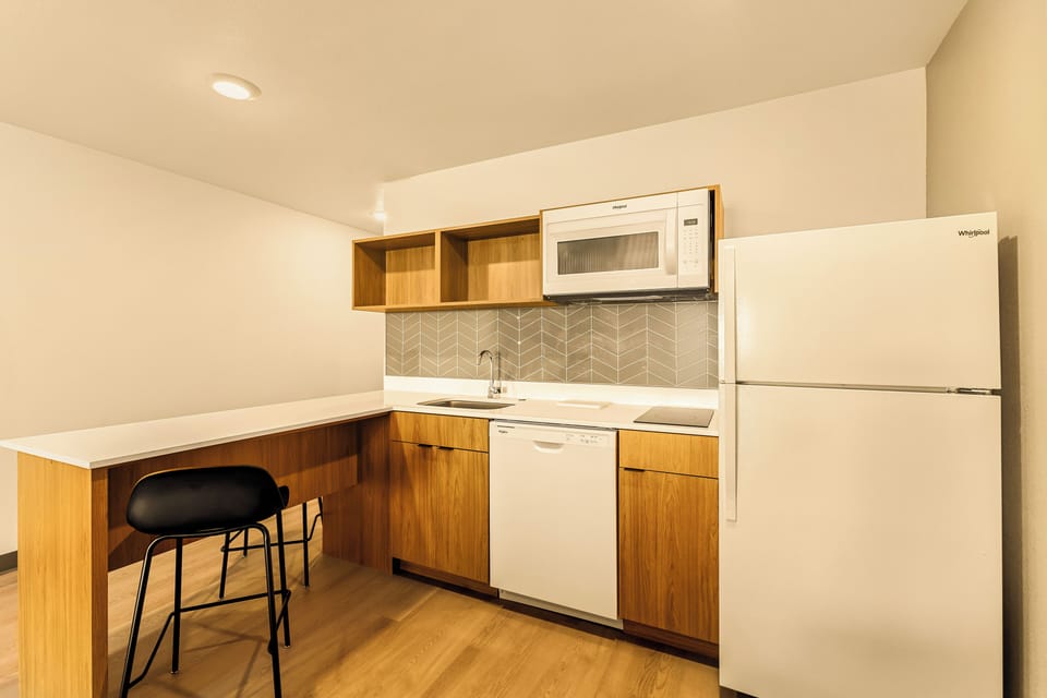 Full-size fridge, microwave, stovetop, dishwasher