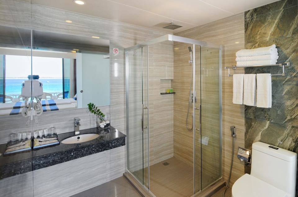 Shower, free toiletries, hair dryer, bidet