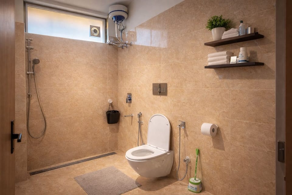 Shower, free toiletries, towels, soap