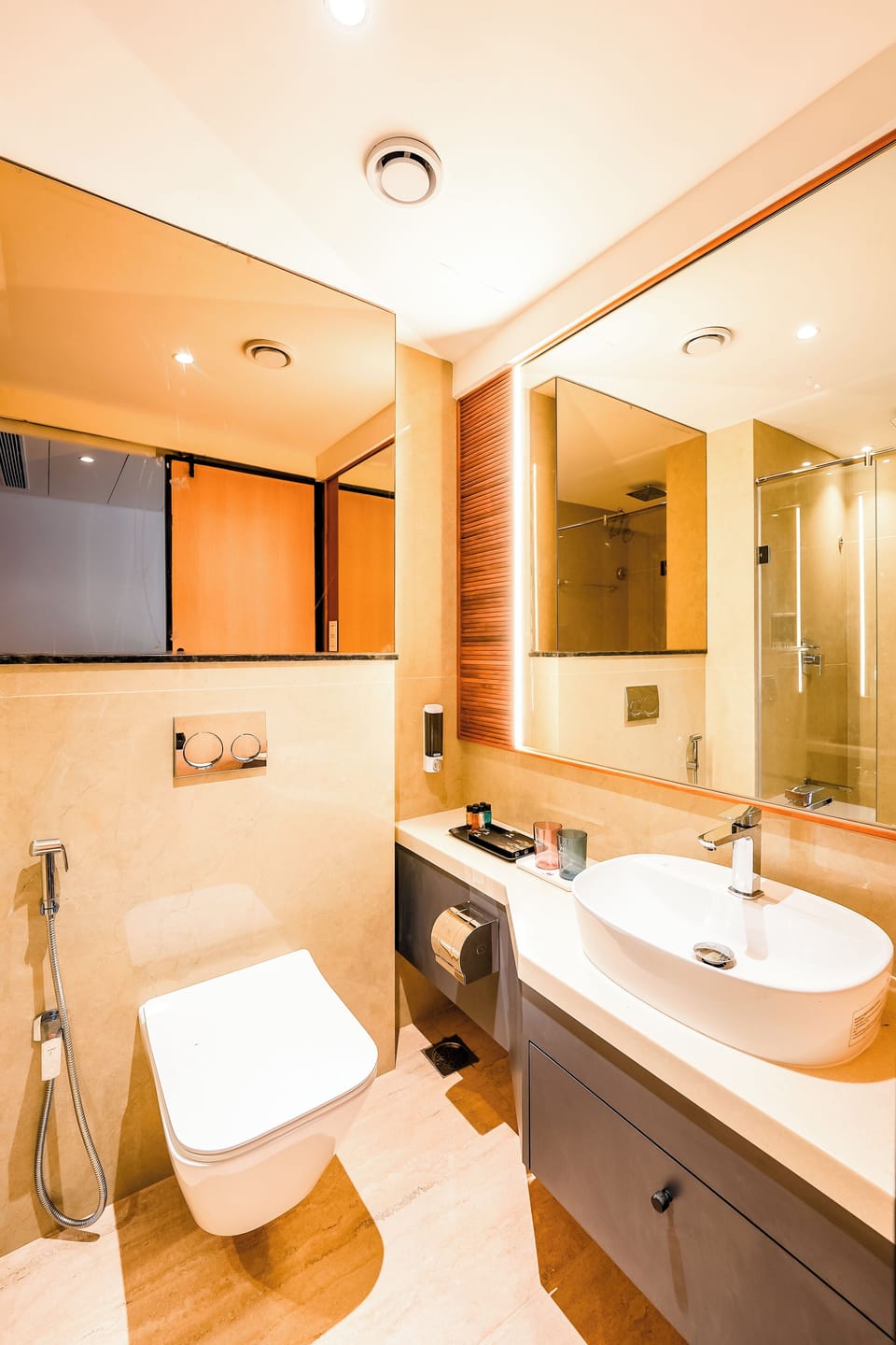Shower, free toiletries, slippers, towels
