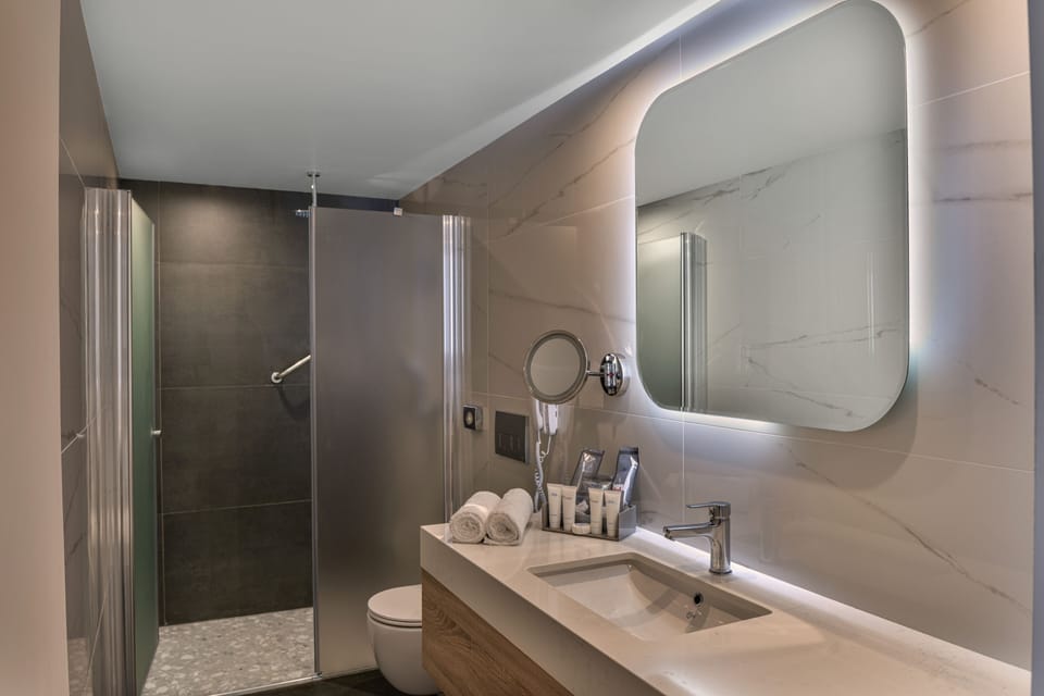 Shower, eco-friendly toiletries, hair dryer, slippers