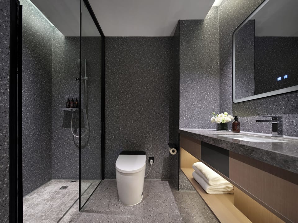 Shower, hydromassage showerhead, designer toiletries, hair dryer
