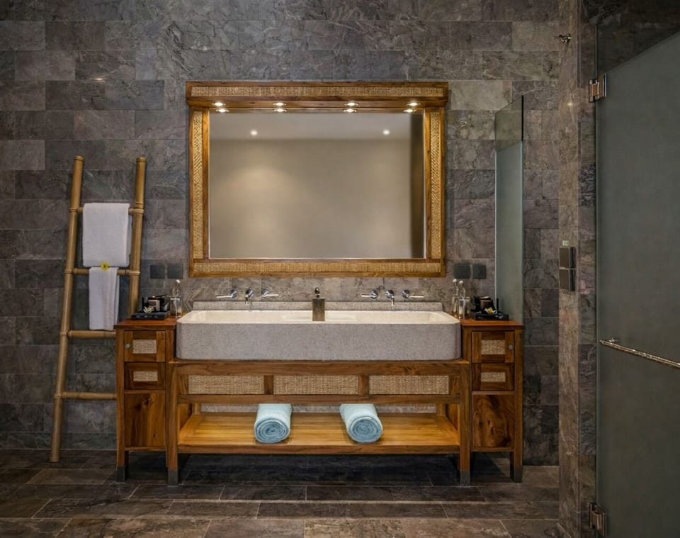 Separate tub and shower, hair dryer, slippers, bidet