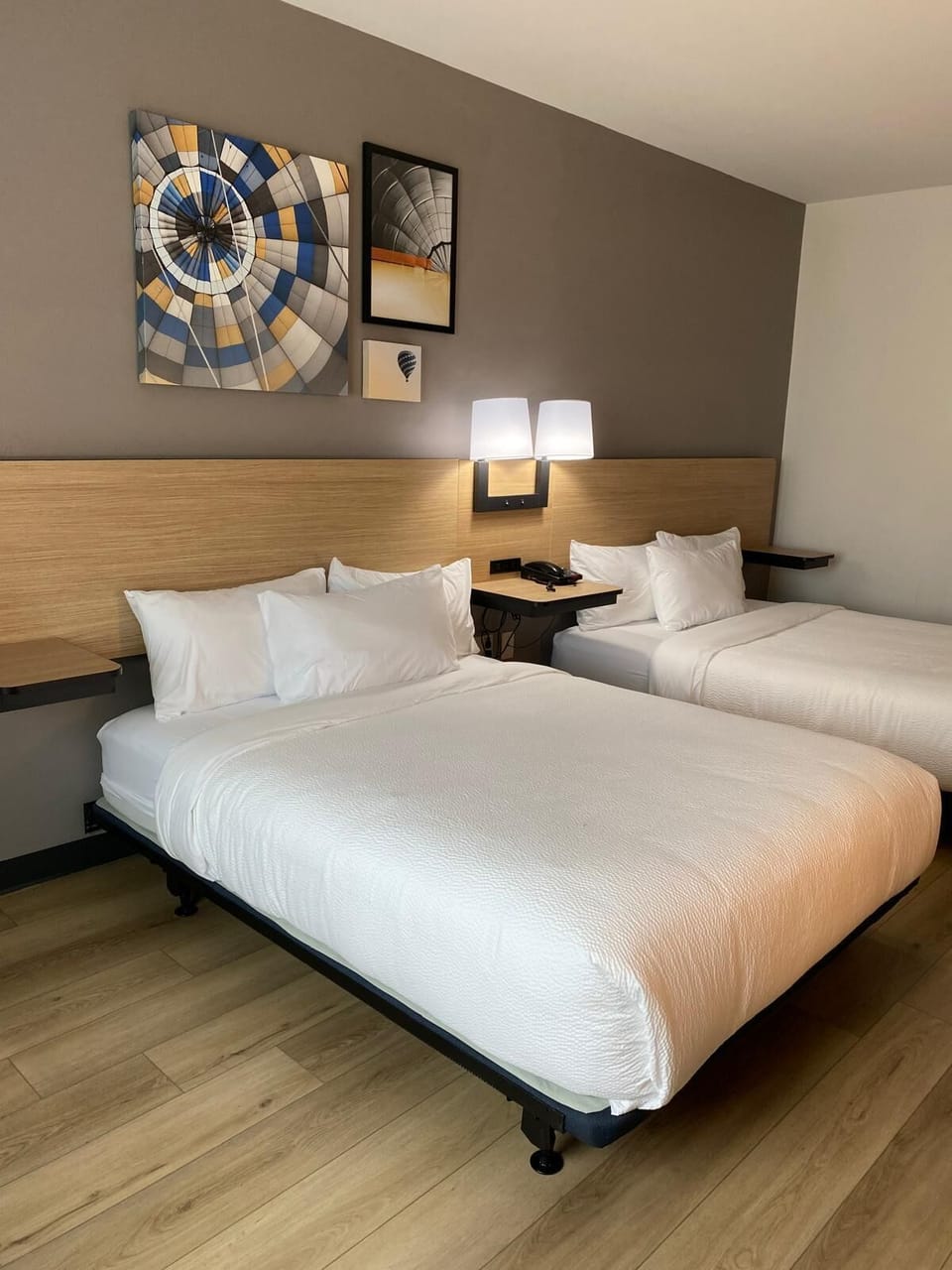 Pillowtop beds, desk, laptop workspace, iron/ironing board