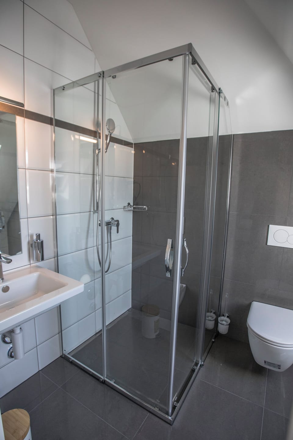 Hair dryer, slippers, towels, soap