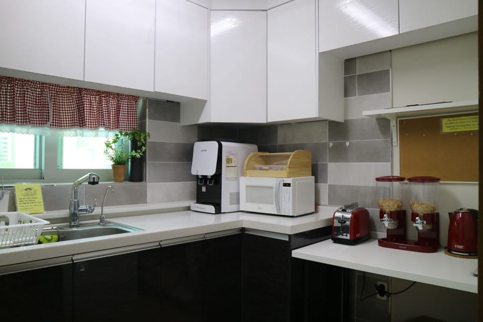 Fridge, microwave, coffee/tea maker, toaster