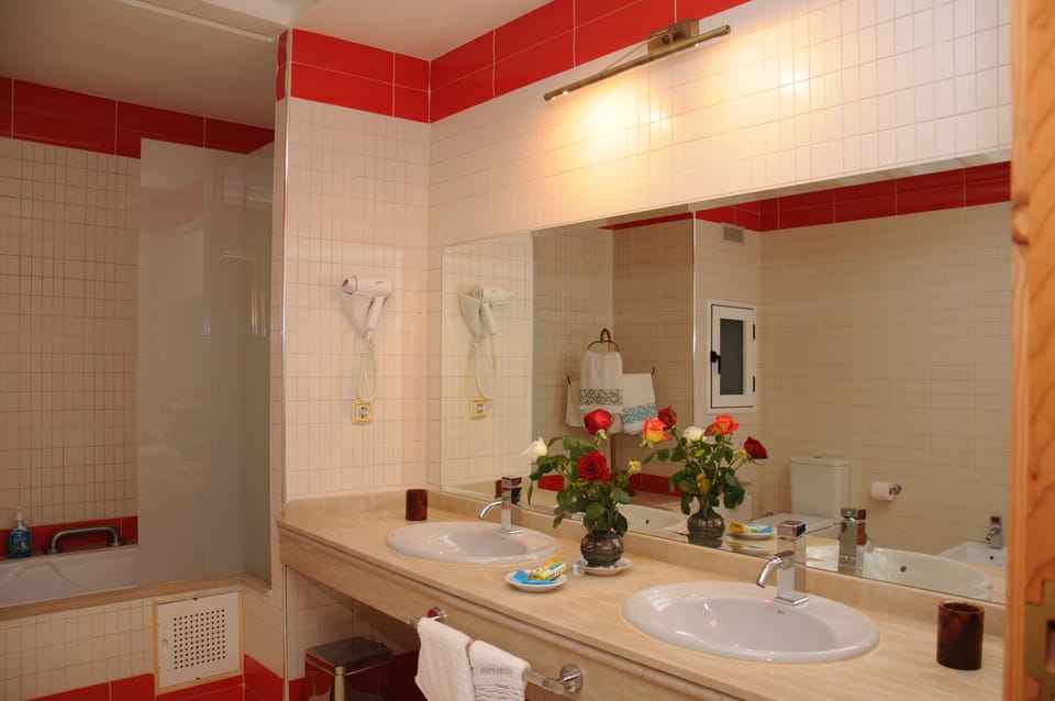 Combined shower/tub, free toiletries, hair dryer, bidet