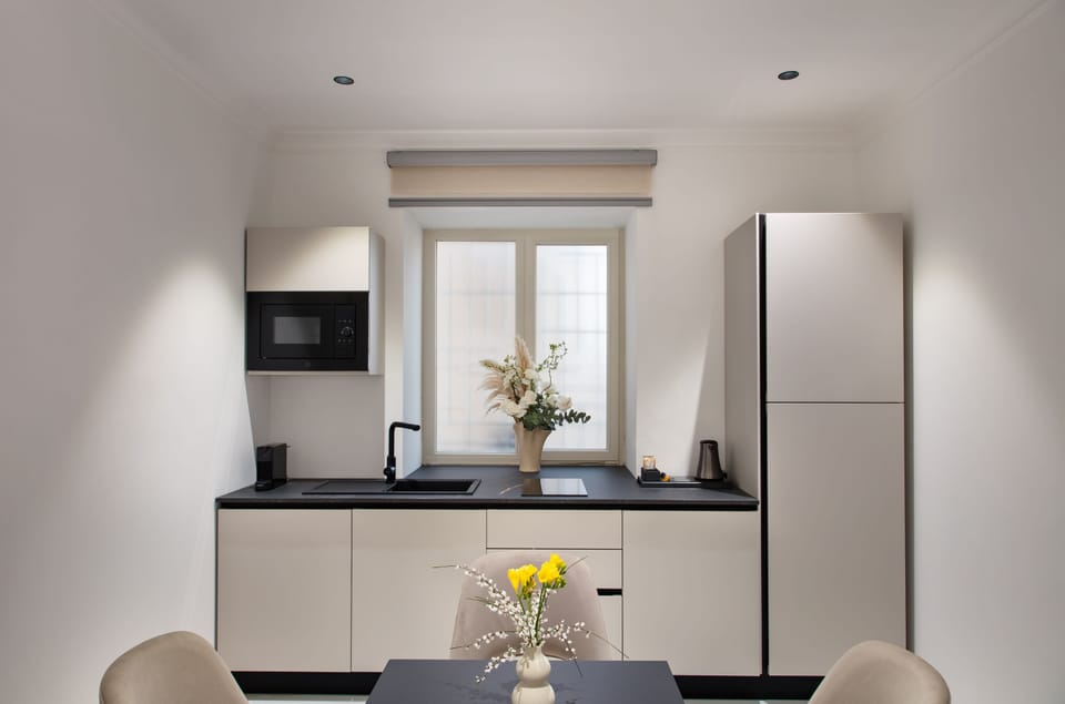 Luxury Apartment, Garden View | Private kitchen | Fridge, microwave, stovetop, espresso maker