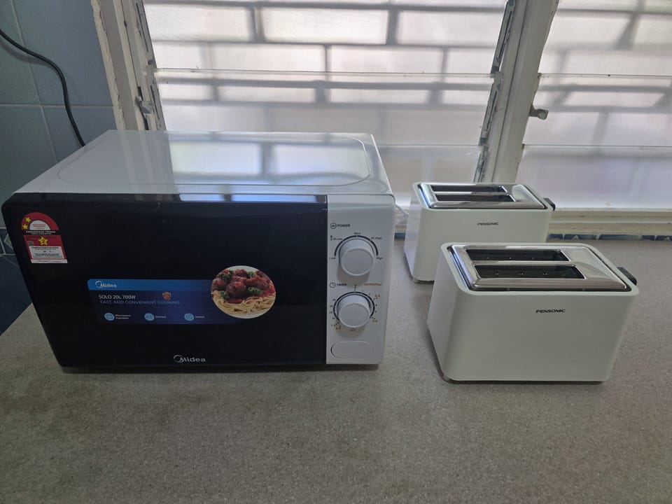 Fridge, microwave, cookware/dishes/utensils