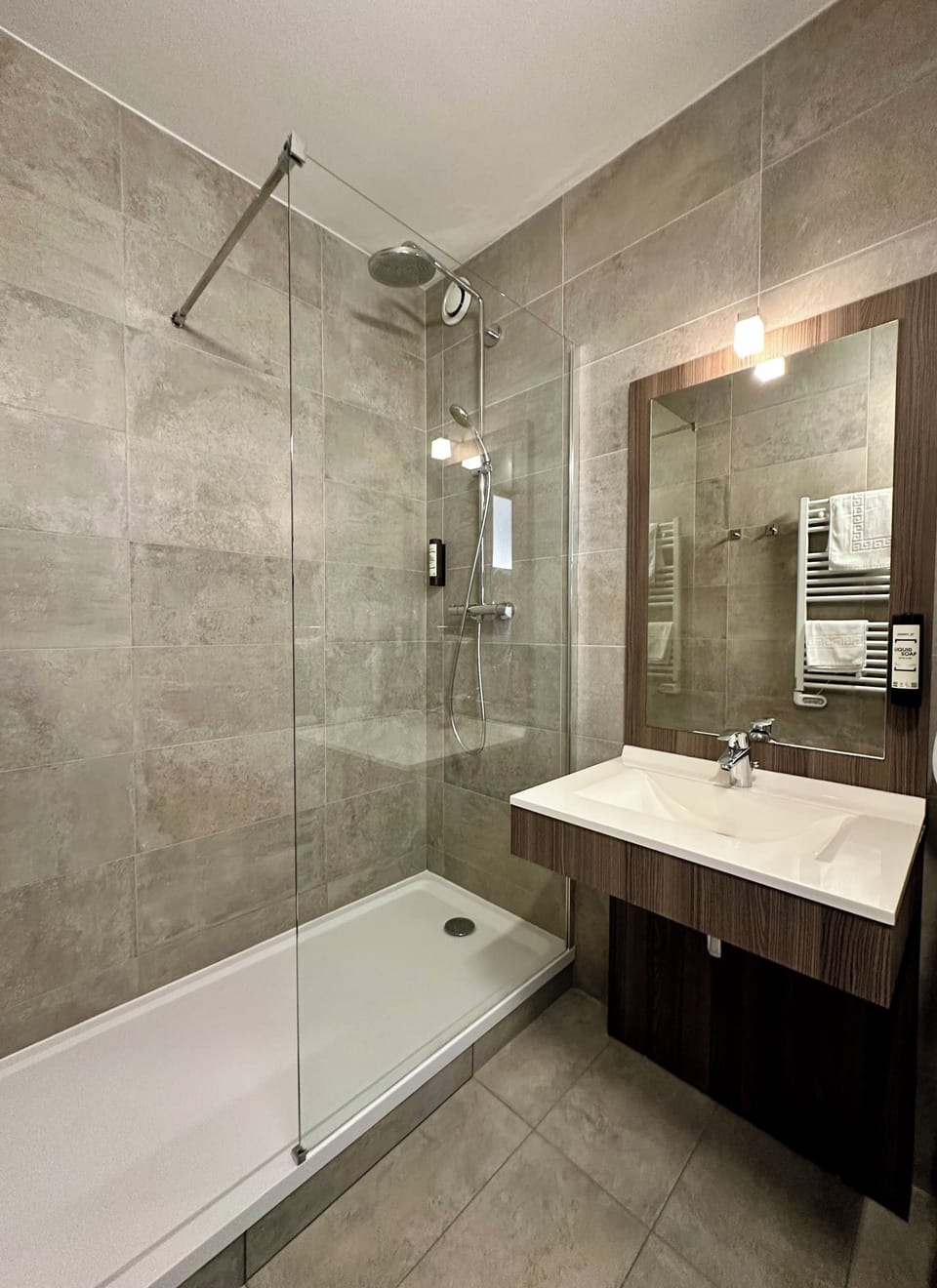 Shower, hair dryer, soap, shampoo