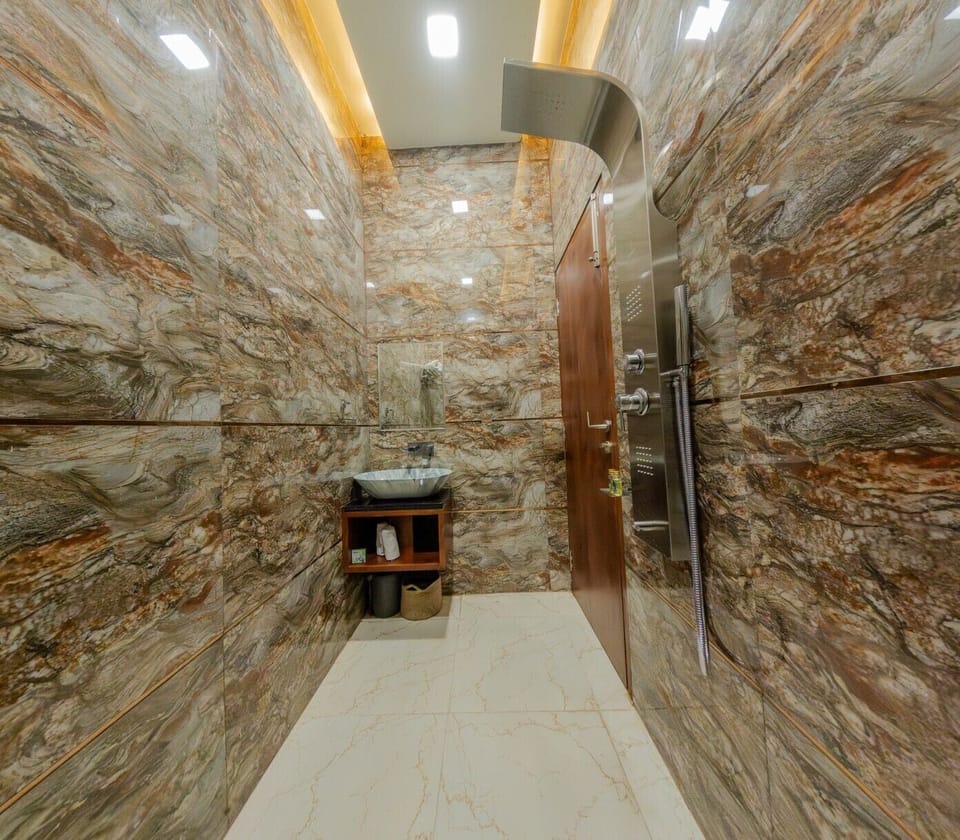 Shower, towels, soap, shampoo