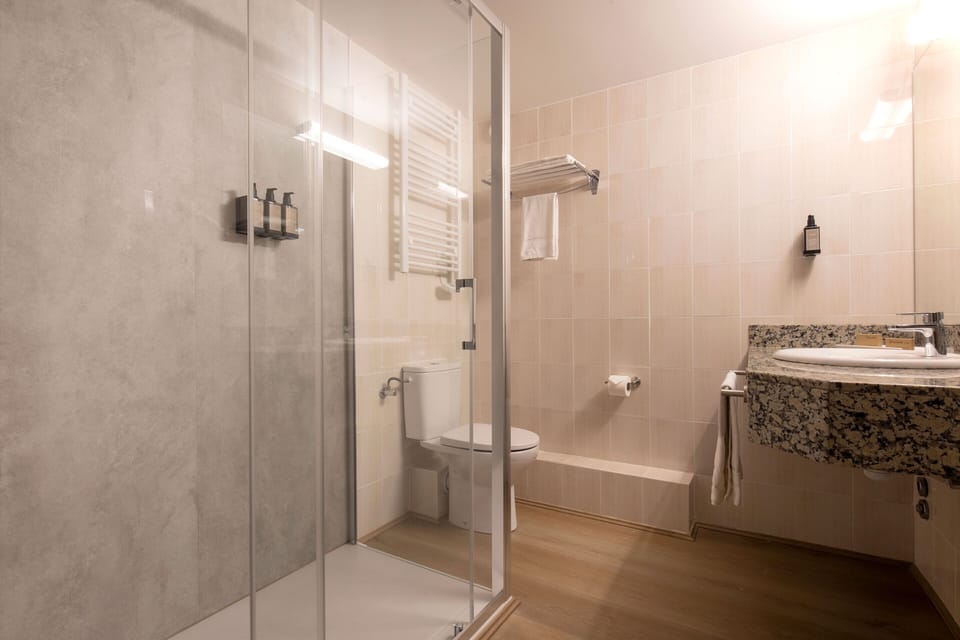Shower, hydromassage showerhead, hair dryer, towels