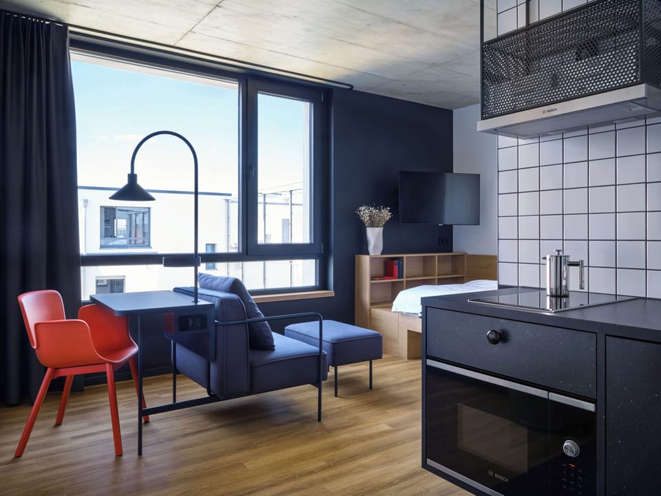 Design Studio | Premium bedding, desk, laptop workspace, blackout drapes