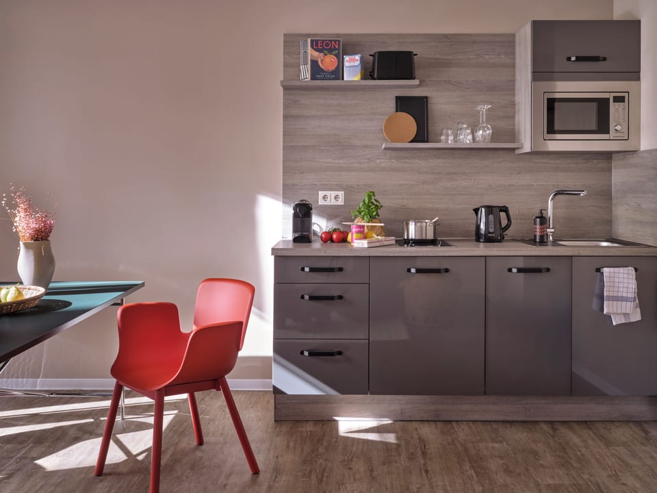 Deluxe Studio, 1 King Bed | Private kitchen | Fridge, microwave, stovetop, dishwasher