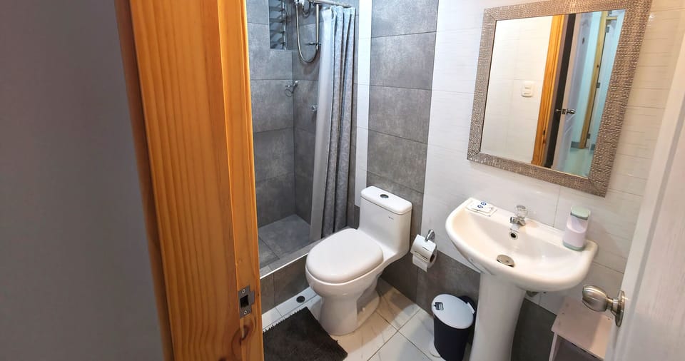 Shower, towels, soap, toilet paper