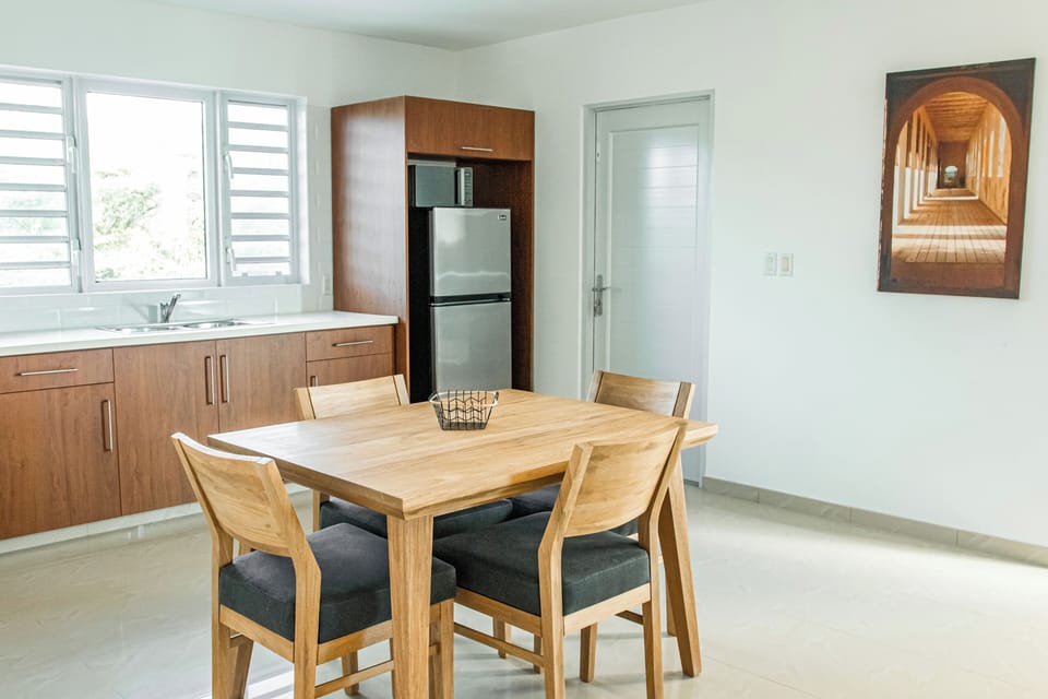 Apartment, Pool View | Private kitchen | Full-size fridge, microwave, oven, stovetop