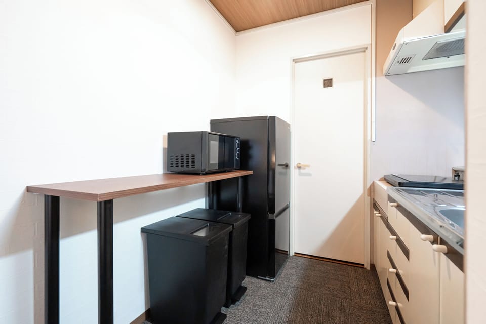 Twin Room | Private kitchen | Fridge, microwave, cookware/dishes/utensils