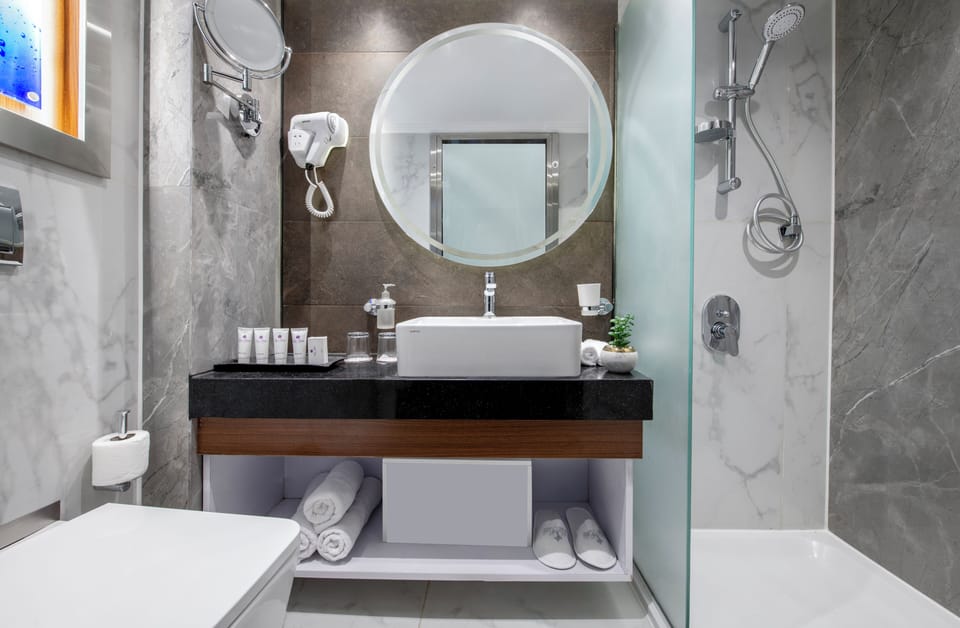 Hair dryer, towels, soap, shampoo