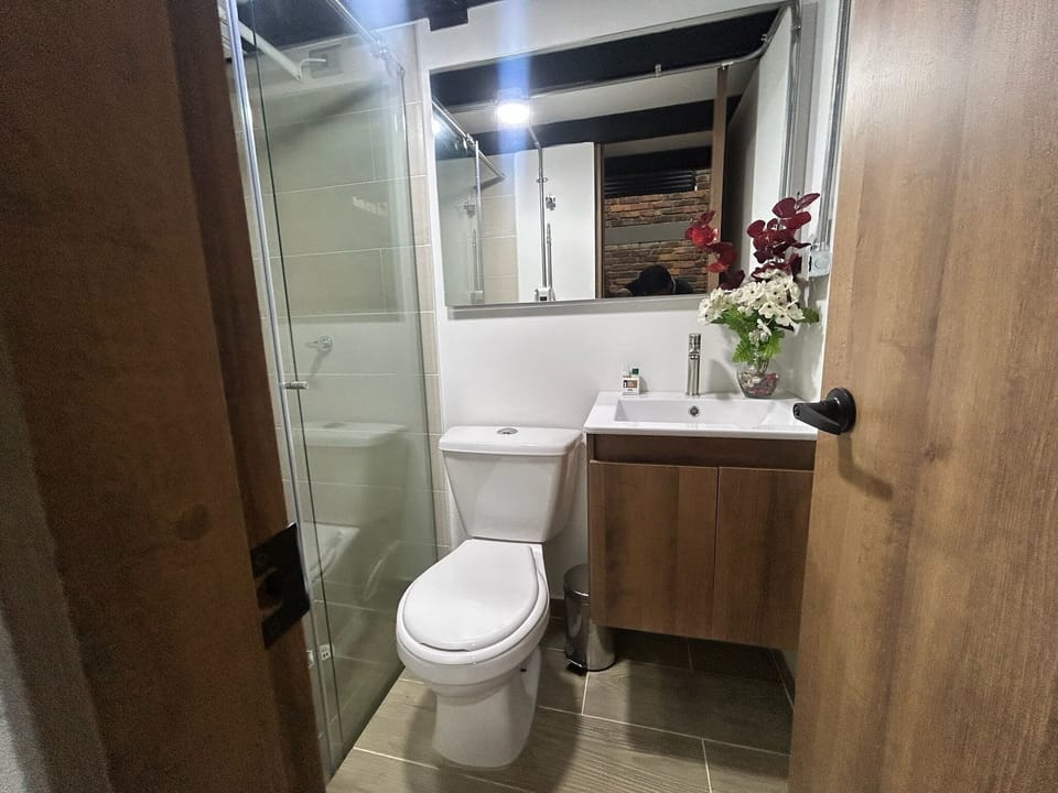 Shower, towels, soap, toilet paper