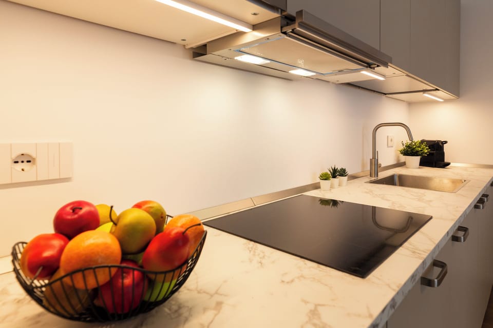 Deluxe Apartment | Private kitchen | Full-size fridge, microwave, stovetop, dishwasher
